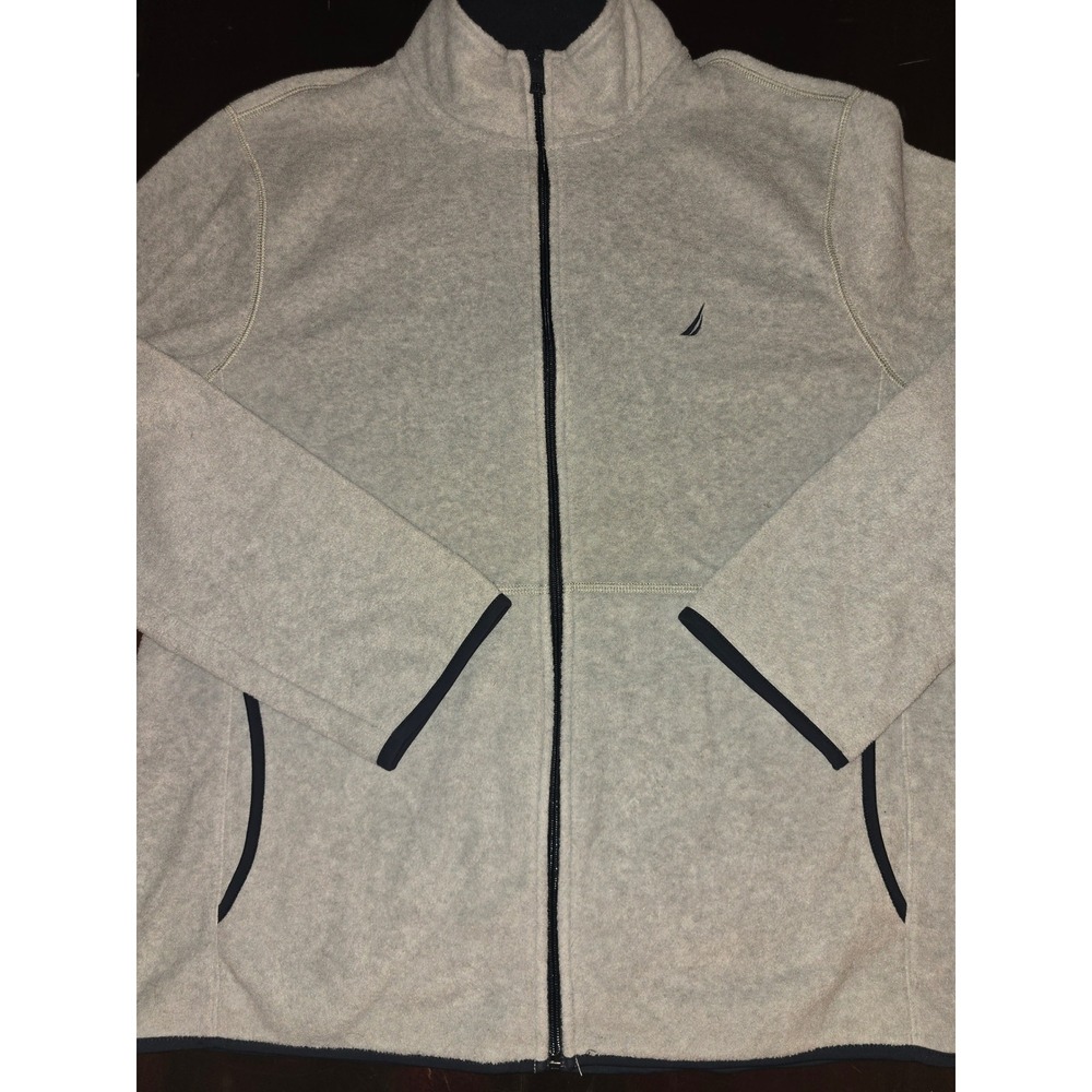 Nautica Mens Full Zip Fleece Jacket Gray Navy Blue Mock Neck Embroidered Logo L